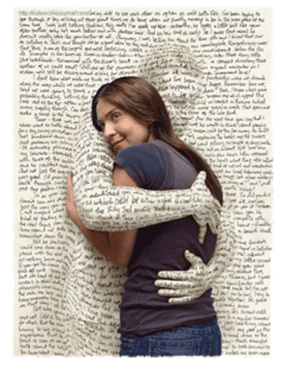 A woman hugging a big book with hands